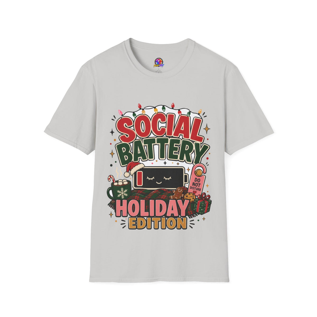 Social Battery Holiday T‑Shirt — Funny Christmas Recharge Graphic Tee