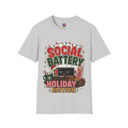 Social Battery Holiday T‑Shirt — Funny Christmas Recharge Graphic Tee
