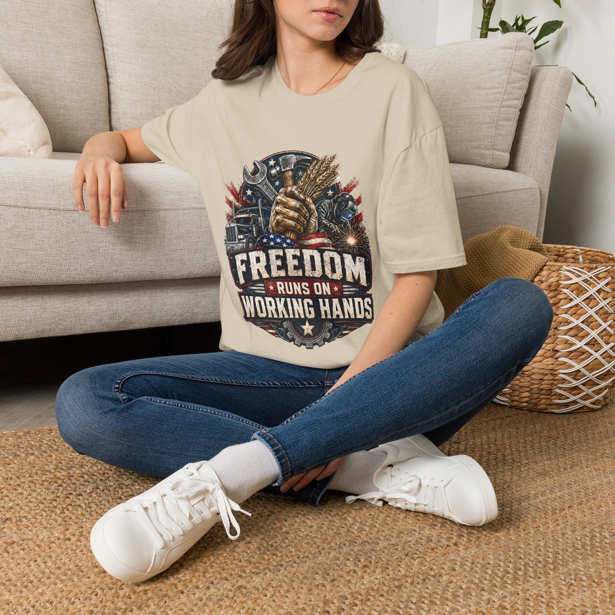 Freedom Runs on Working Hands T-Shirt — Patriotic Mechanic Tool & Wheat Design