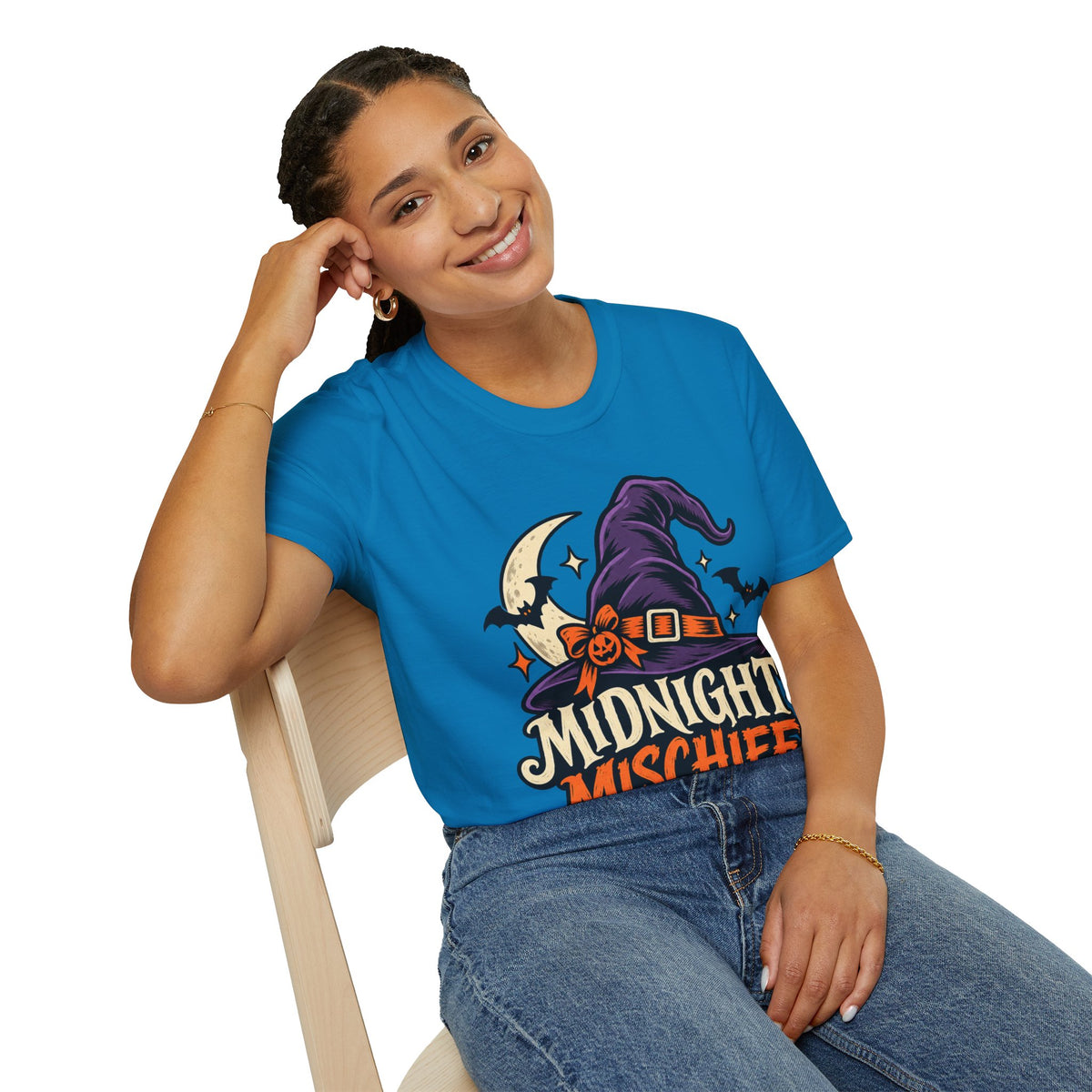 Midnight Mischief Halloween T-Shirt — Witch Hat & Bats Graphic