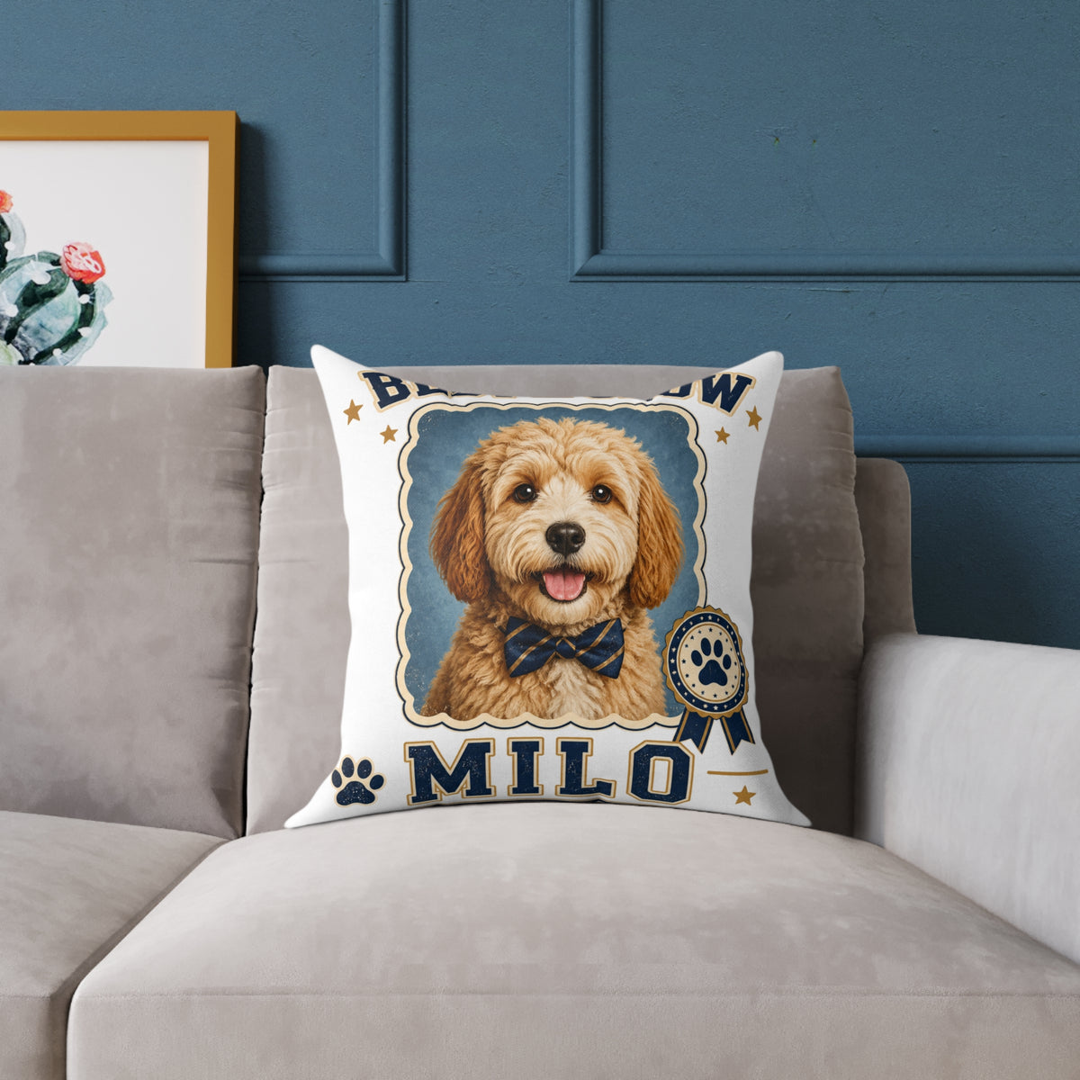 Milo Bailey Dog Dad Mom Square Pillow — 'Best in Show' Personalized Dog Portrait (Milo)