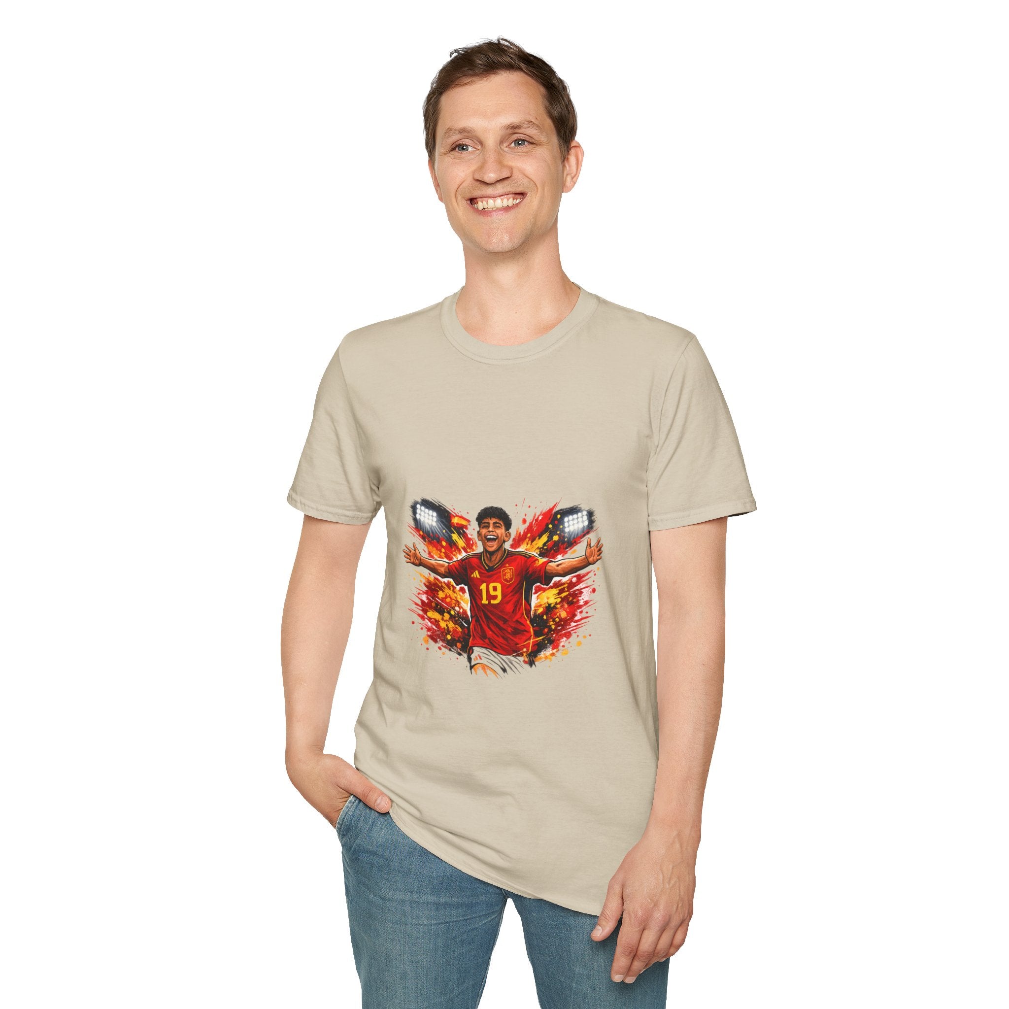 Spain Soccer Fan Portrait T‑Shirt – Fiery Goal Celebration Design