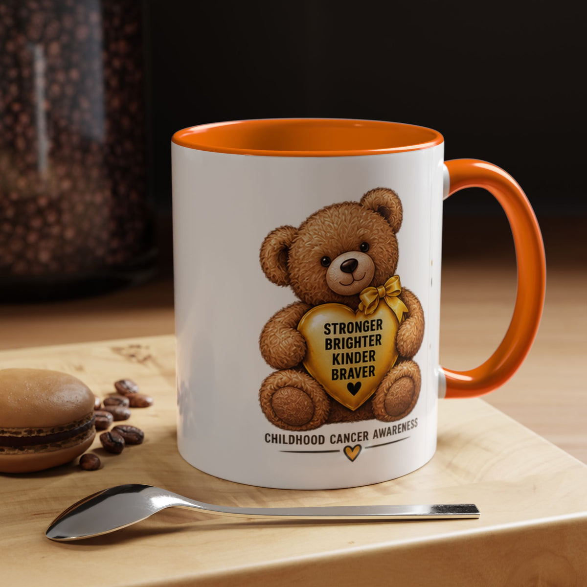 Childhood Cancer Awareness Coffee Mug — 'Stronger Brighter Kinder Braver' Teddy