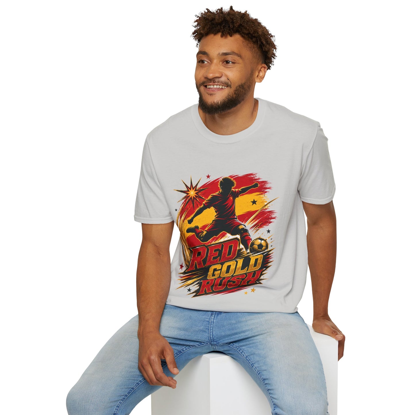 Spain Red & Gold Rush Soccer T-Shirt — Retro Soccer Player Graphic