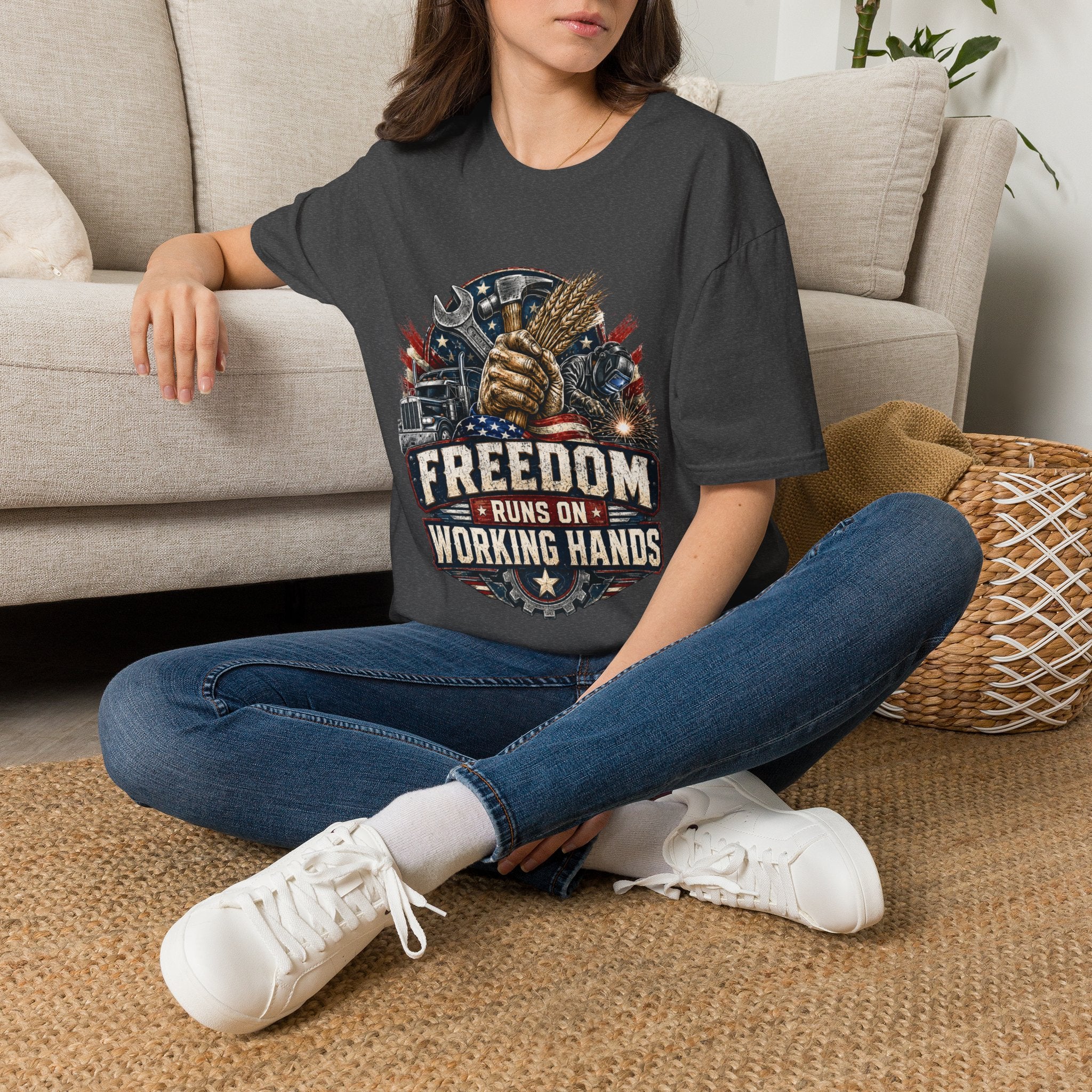 Freedom Runs on Working Hands T-Shirt — Patriotic Mechanic Tool & Wheat Design
