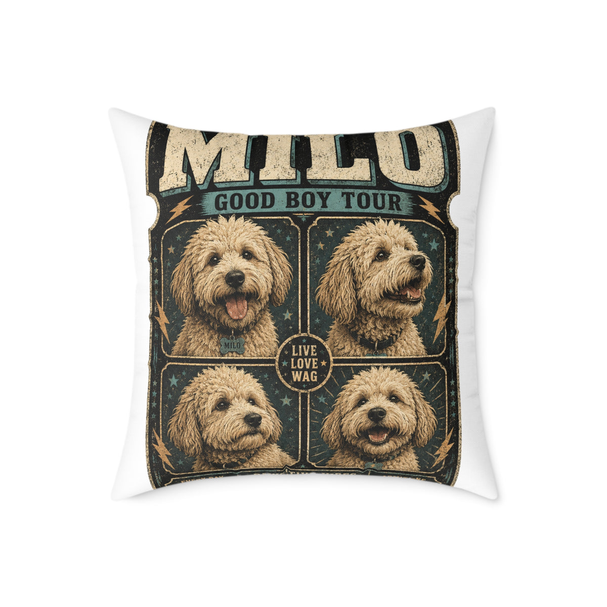 Milo "Good Boy Tour" Dog Photo Square Pillow  Milo Bailey Dog Dad Mom — Cute Pet Portrait Throw Pillow
