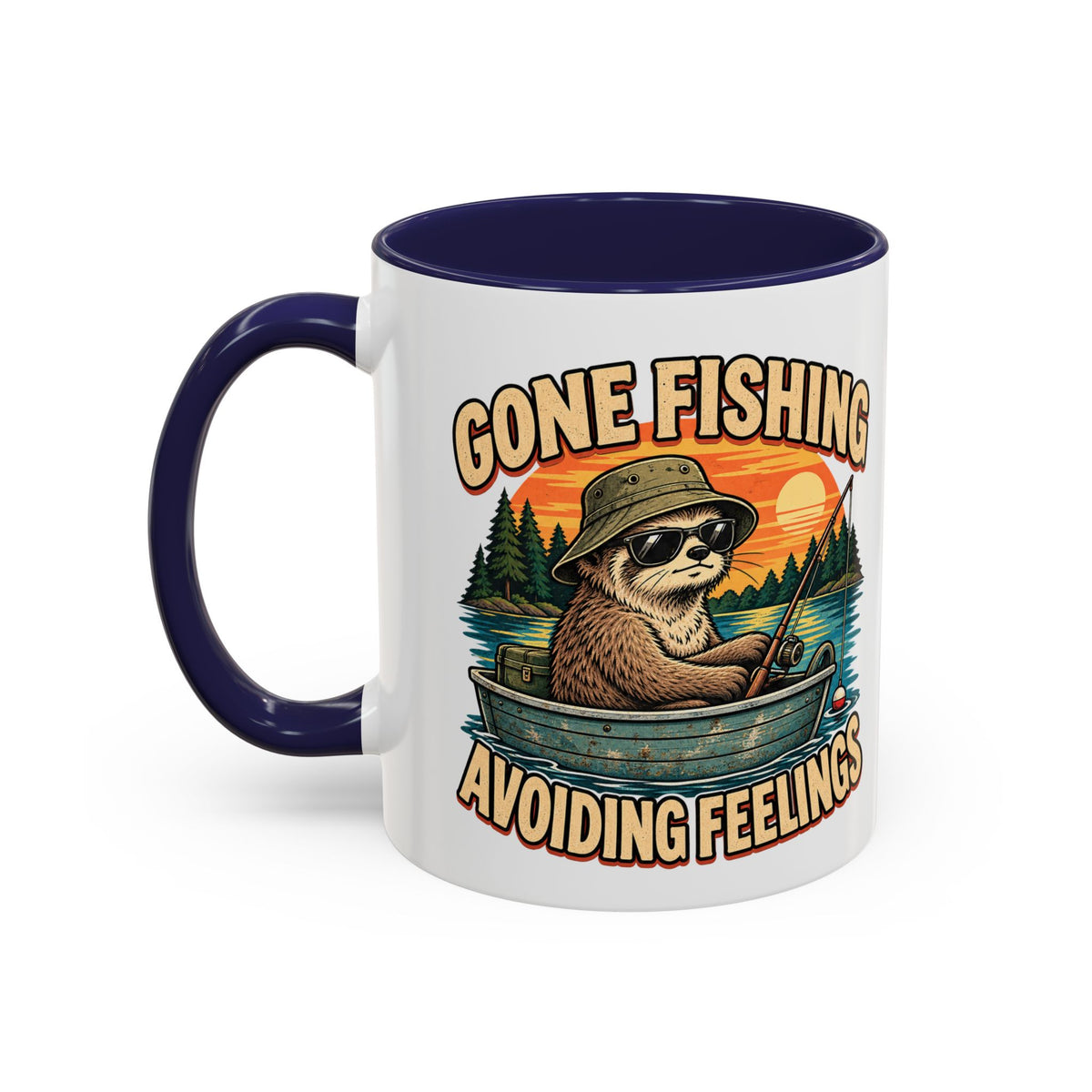 Funny And Witty "Gone Fishing Avoiding Feelings" Accent Coffee Mug (11, 15oz)