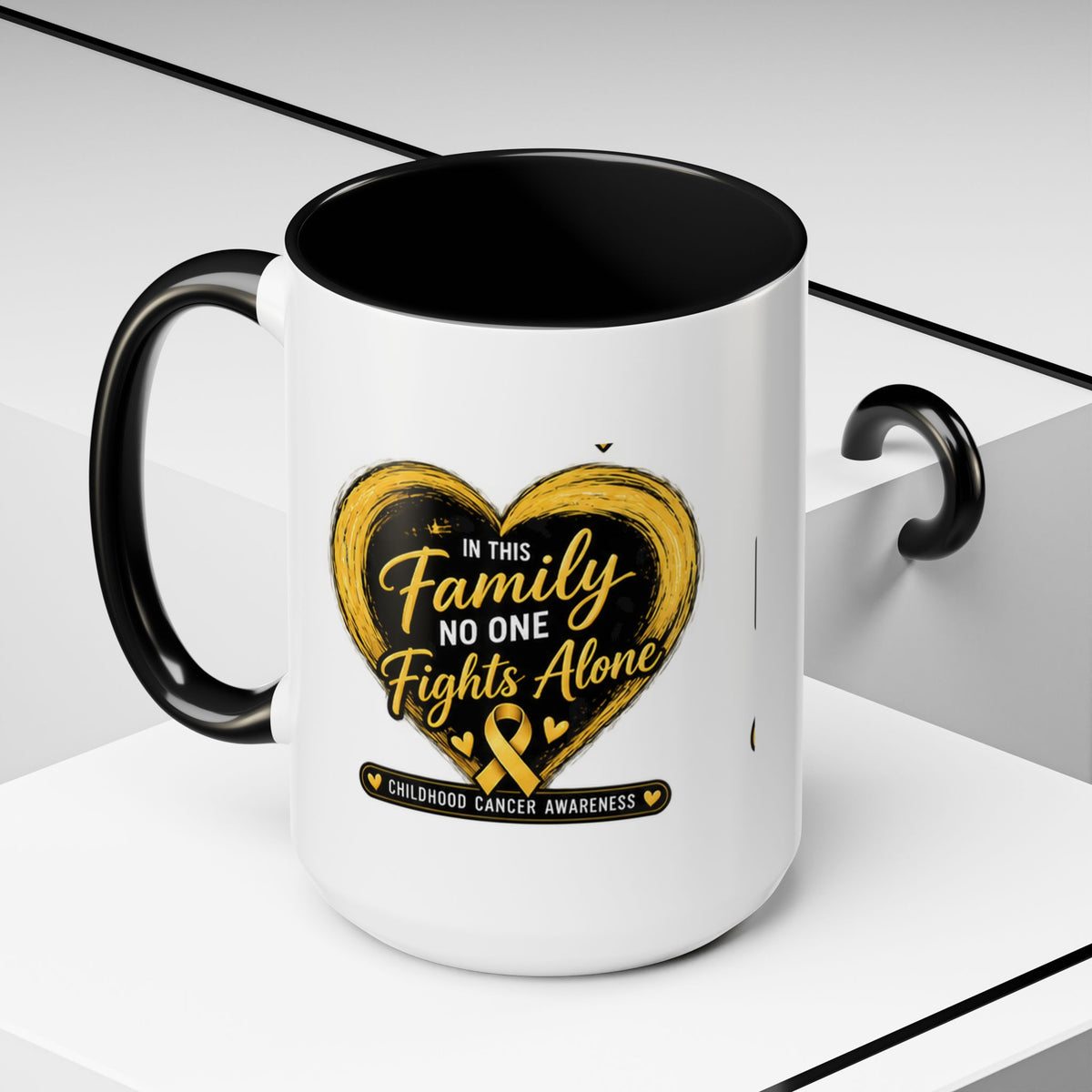 Childhood Cancer Awareness Accent Coffee Mug — "In This Family No One Fights Alone"