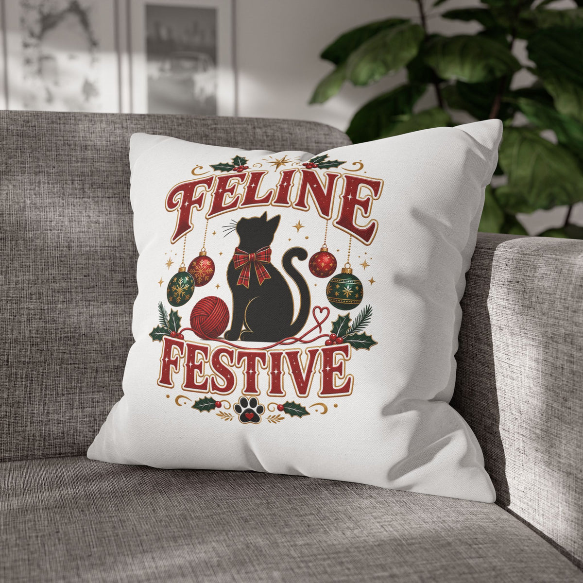 Feline Festive Christmas Pillowcase — Christmas Cat Decorative Throw Pillow Cover
