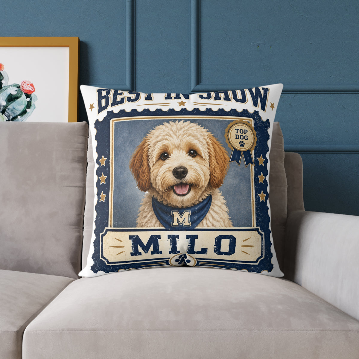 Personalized Dog Pillow  Milo Bailey Dog Dad Mom— 'Best at Show' Milo Pet Portrait Square Throw Pillow