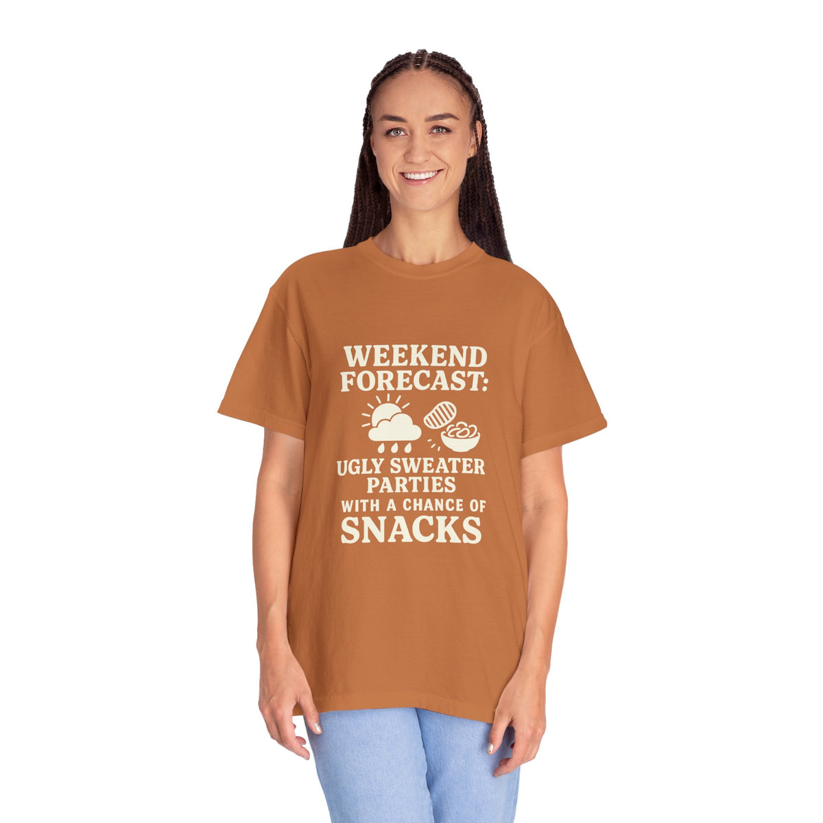 Weekend Forecast T-Shirt — "Ugly Sweater Parties with a Chan of Snacks" Holiday Tee - Trending Now - October 2026
