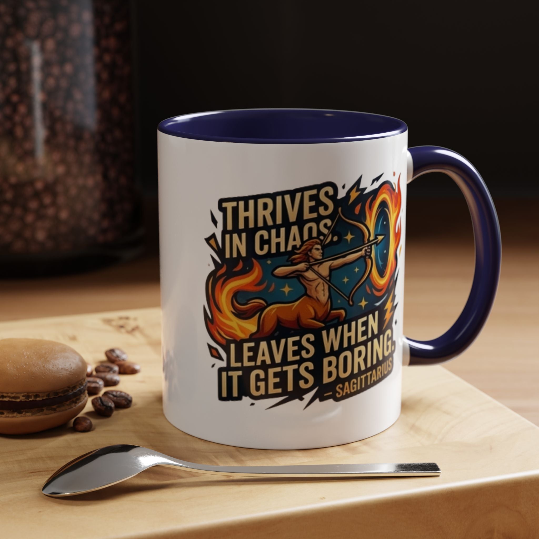 Sagittarius Coffee Mug – "Thrives in Chaos, Leaves When It Gets Boring" Accent Mug