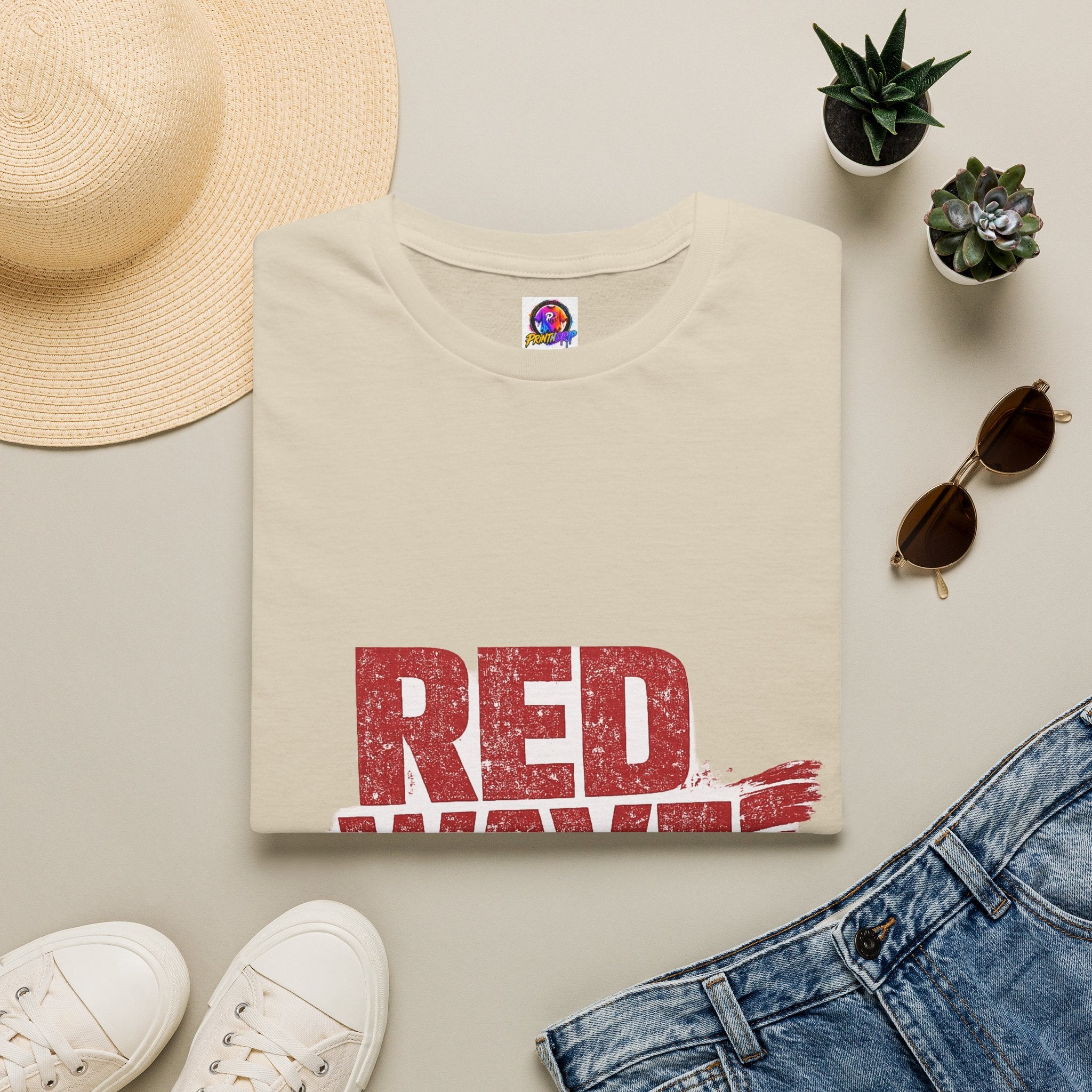 South Korea Red Wave Graphic T‑Shirt — Vintage Distressed Logo Tee