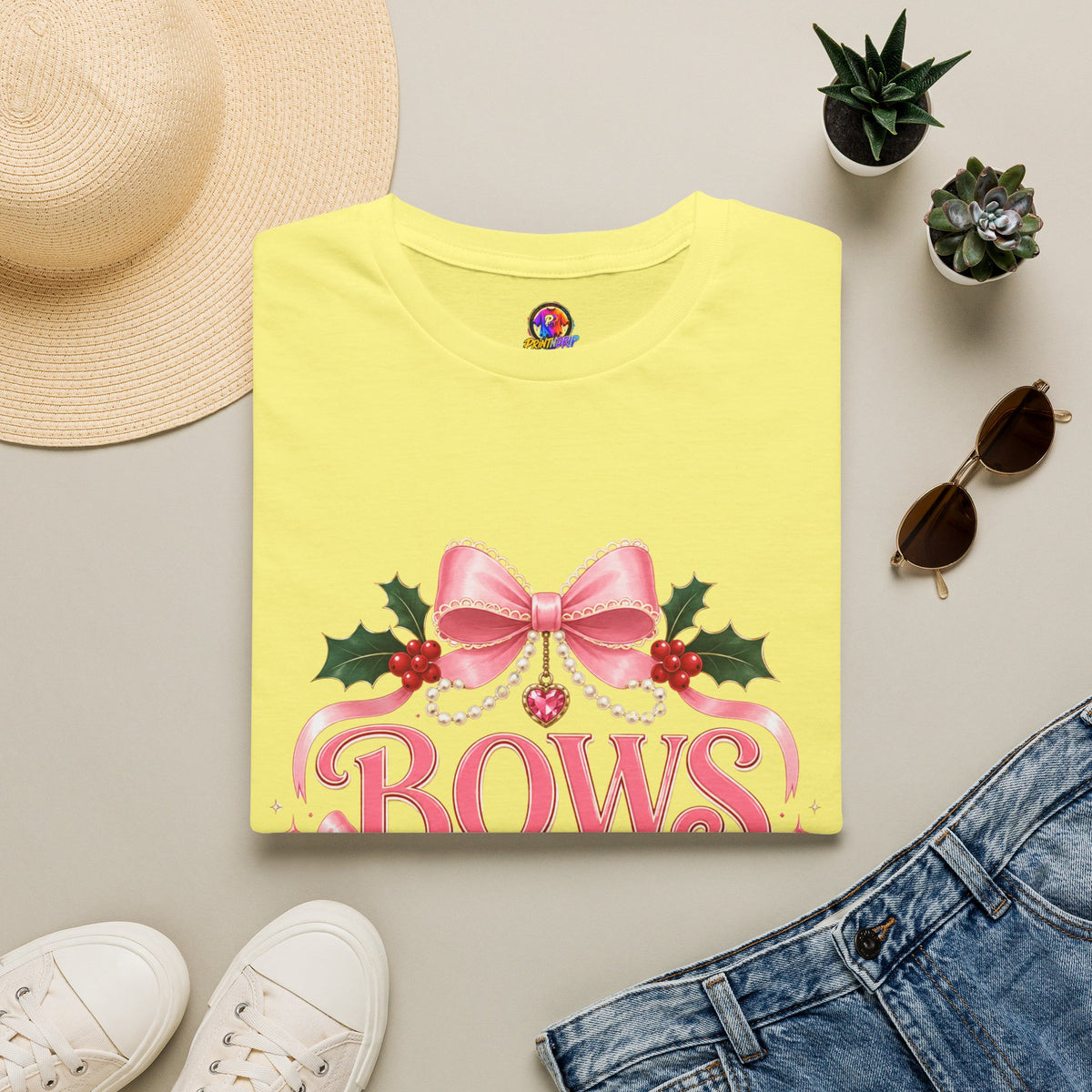 Bows and Mistletoe T-Shirt — Pink Holiday Bow Christmas Tee