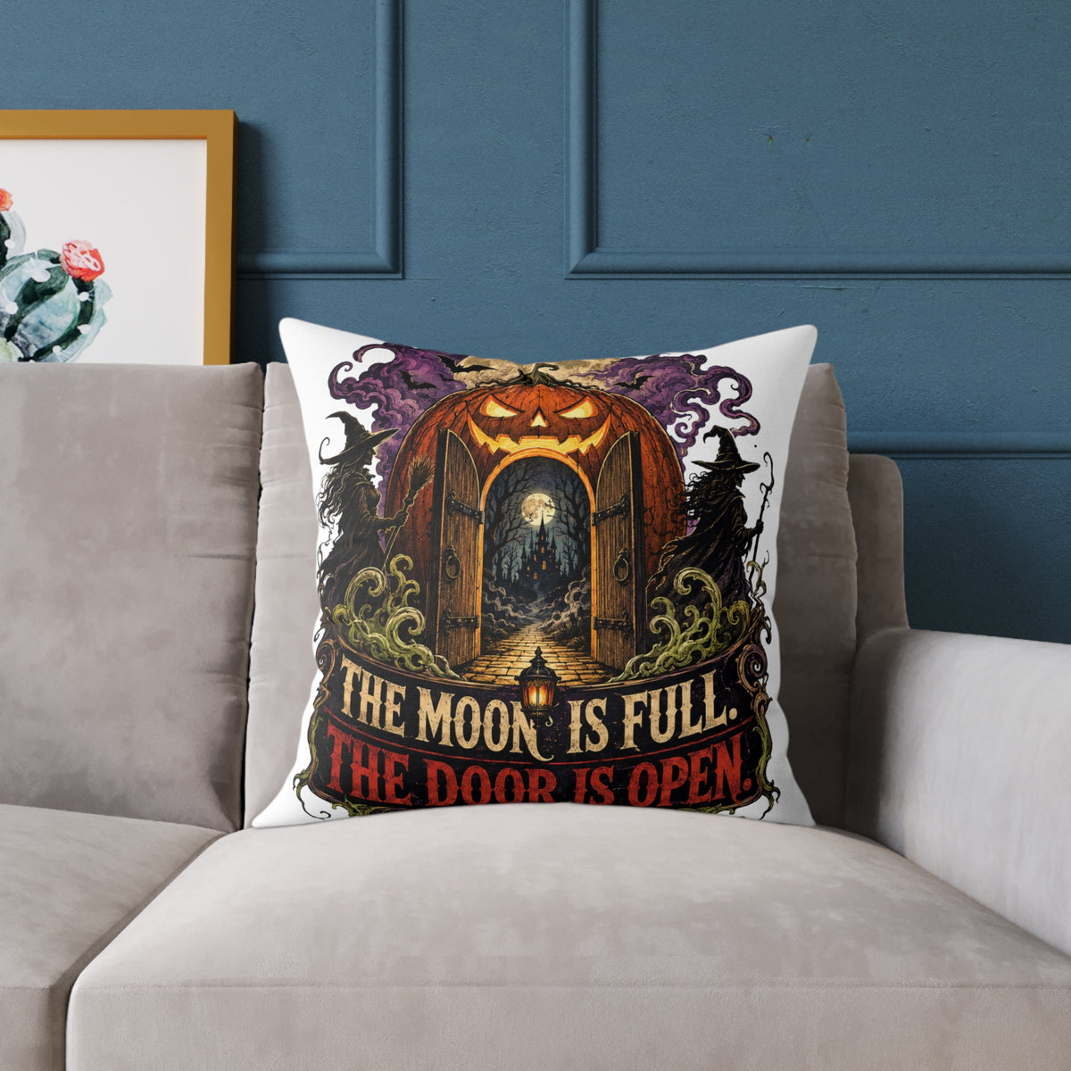 Halloween Pumpkin Door Pillow — "The Moon Is Full, The Door Is Open" Decorative Throw Pillow