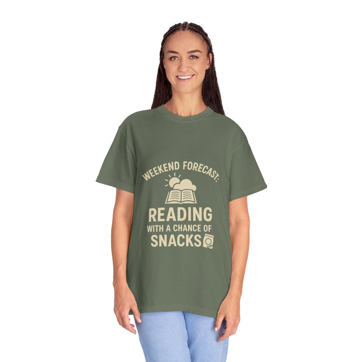 Reading & Snacks T-Shirt — "Weekend Forecast: Reading with a Chance of Snacks" - Trending Now - October 2026