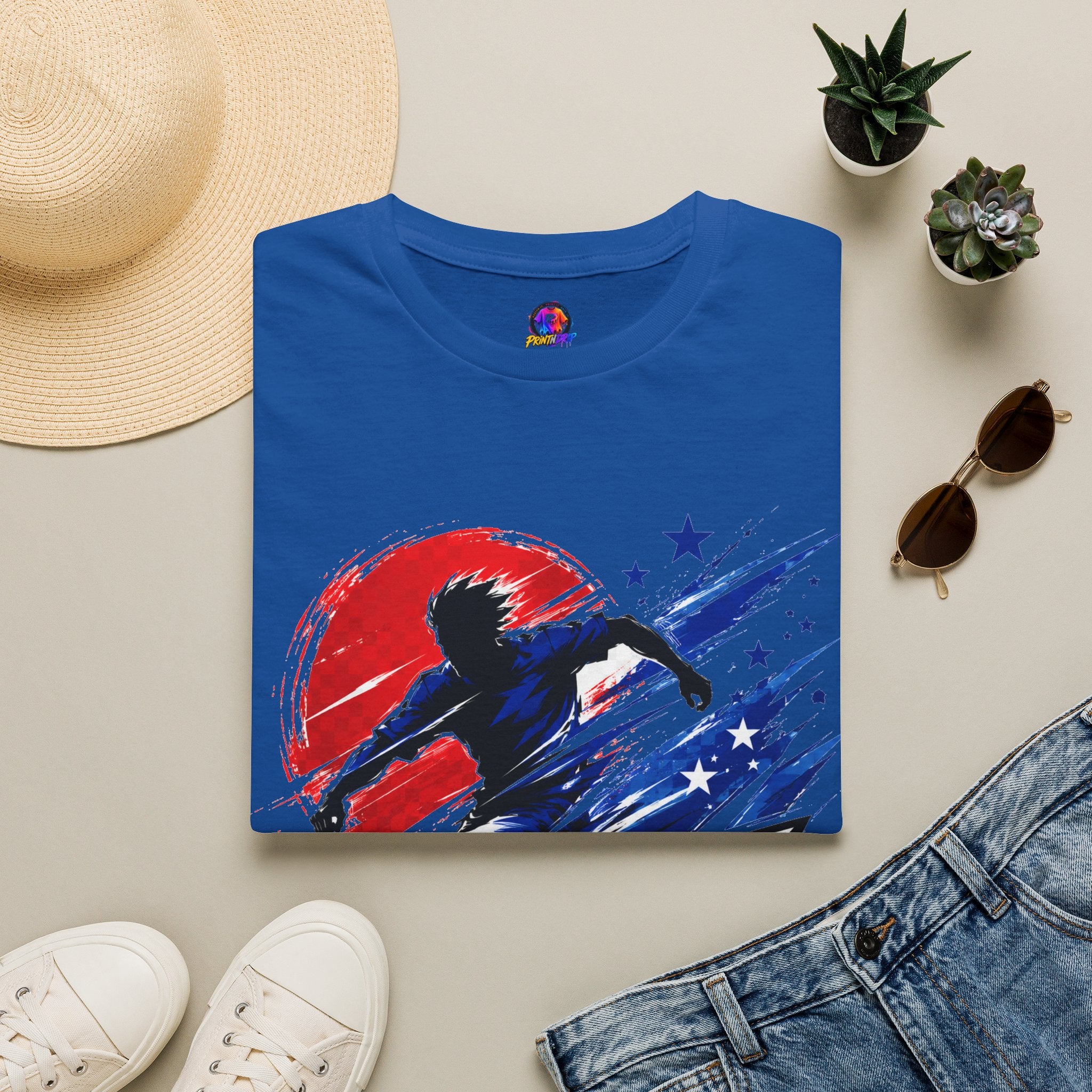 Japan T-Shirt — Blue Blade Soccer Graphic Tee (Red & Blue Starburst)