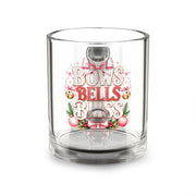 Christmas Glass Mug 10 oz Glass Mug — "Bows Bells Bless" Christmas Glass Coffee Mug, Festive Pink Ornament Design