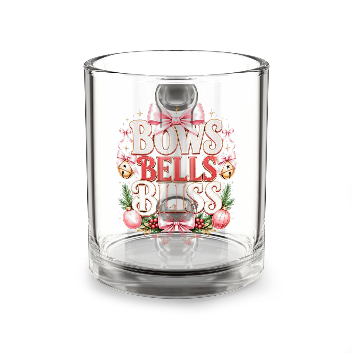 Christmas Glass Mug 10 oz Glass Mug — "Bows Bells Bless" Christmas Glass Coffee Mug, Festive Pink Ornament Design