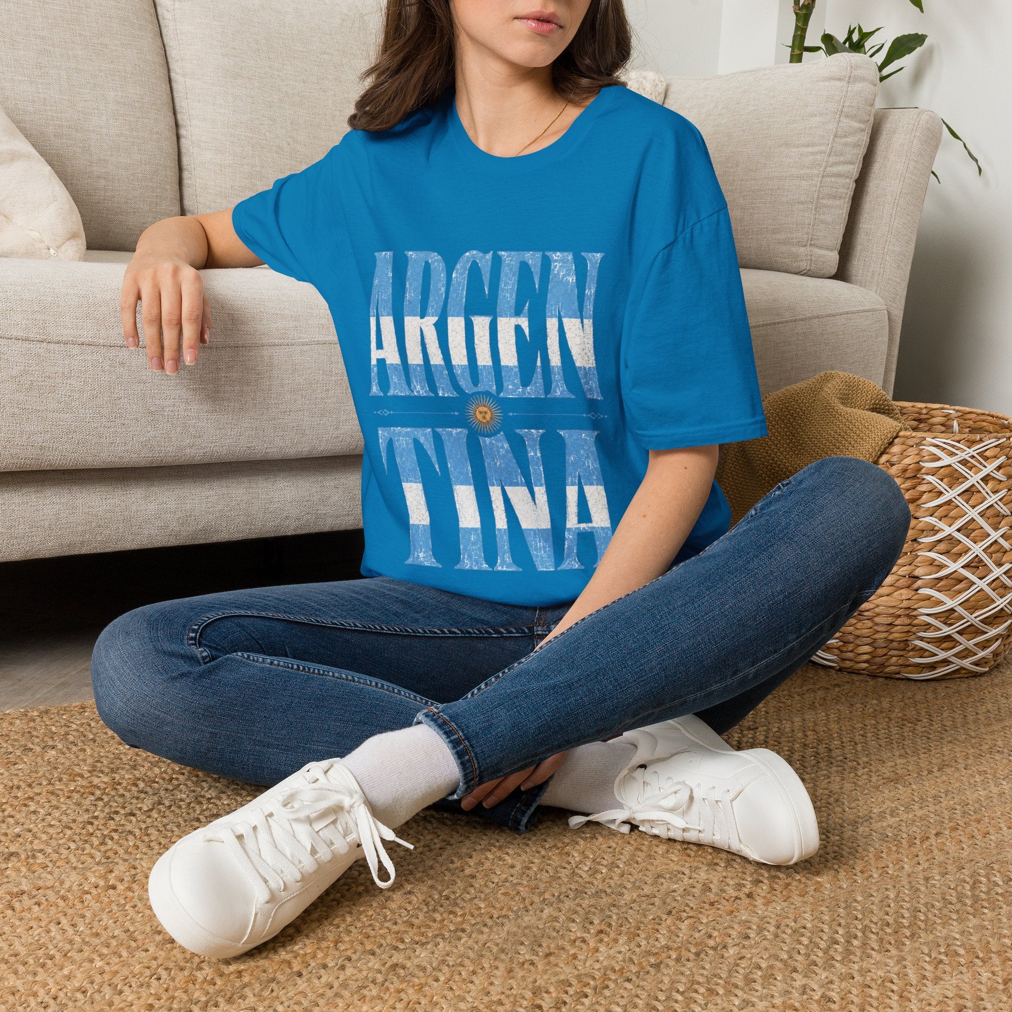 Argentina Flag Graphic T‑Shirt — Vintage Blue Distressed Typography