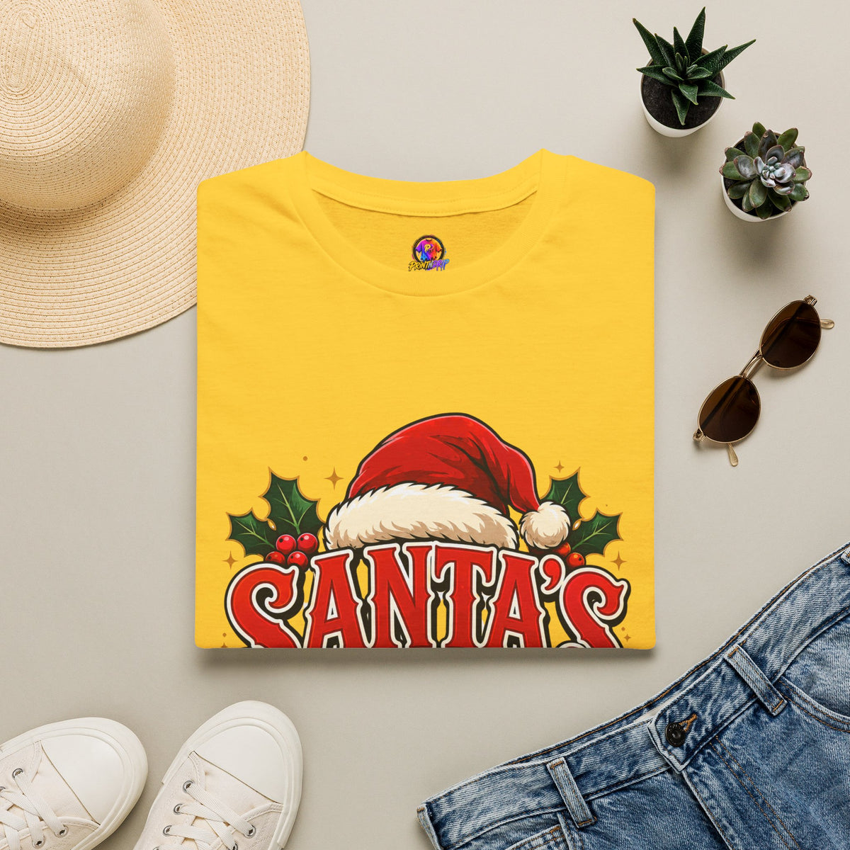 Santa's Favorite T-Shirt — Festive Christmas Tee with Santa Hat & Holly