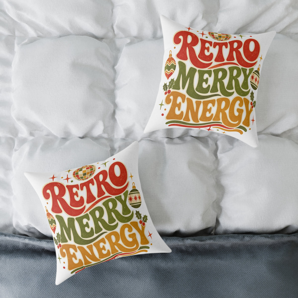 Retro Merry Energy Modern Day Christmas Pillow — Vintage Holiday Throw Pillow with Festive Typography