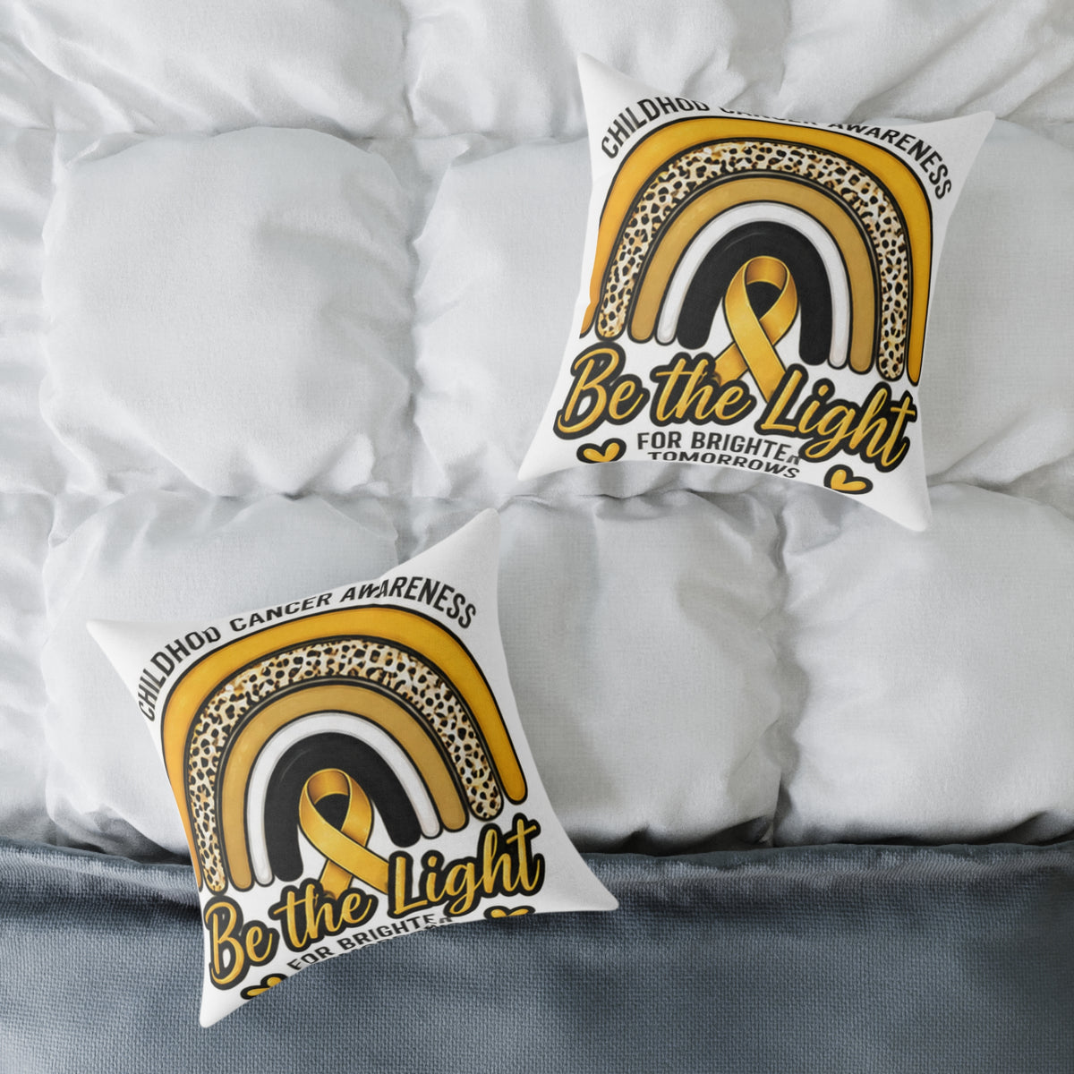Childhood Cancer Awareness Pillow – "Be the Light" Gold Ribbon Square Pillow