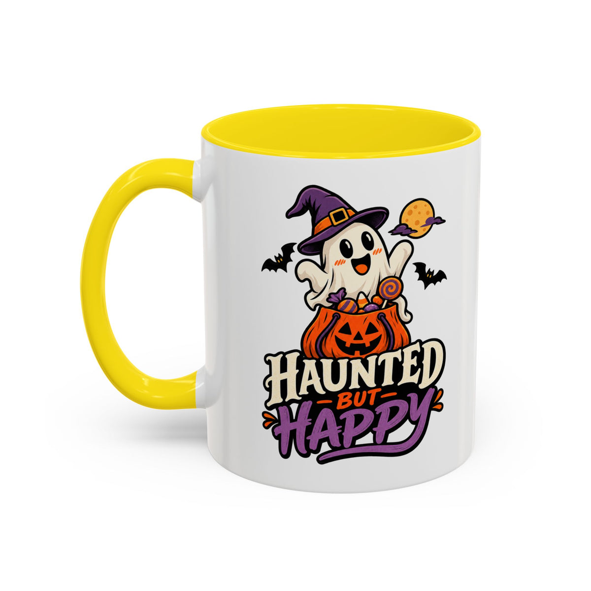 Haunted But Happy Coffee Mug — Halloween Ghost Pumpkin Accent Mug (11/15oz)