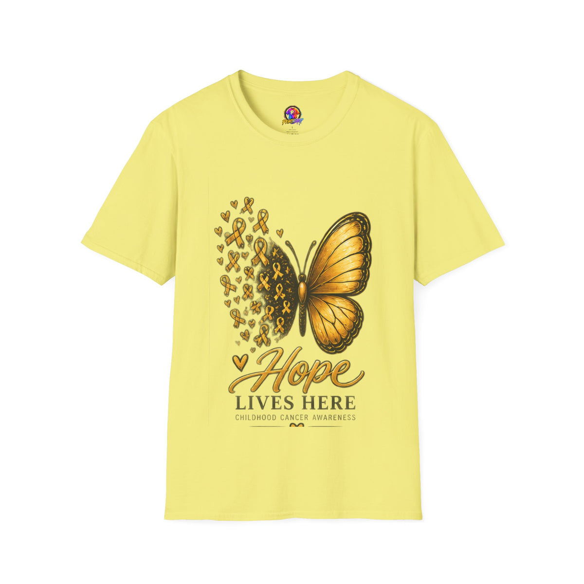 Hope Lives Here Gold Ribbon Butterfly Childhood Cancer Awareness T-Shirt