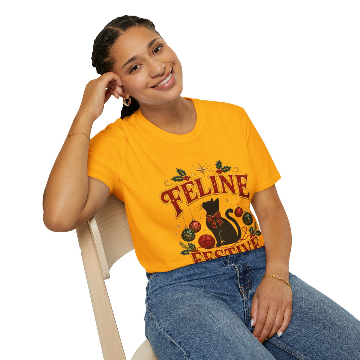 Feline Festive T-Shirt — Cute Black Cat Christmas Holiday Tee