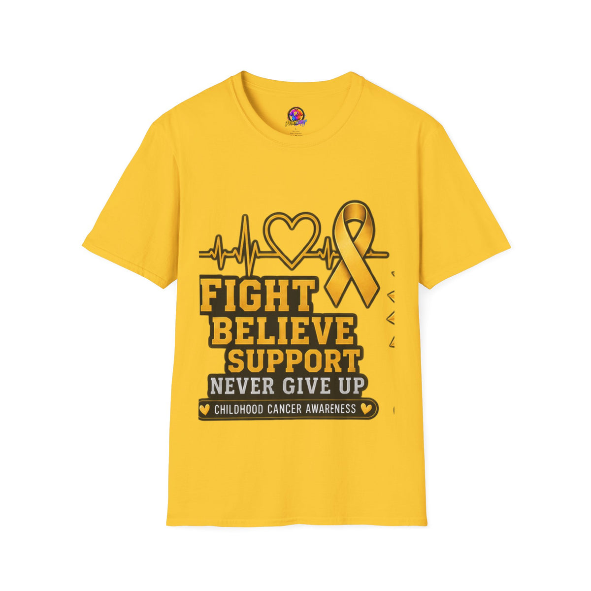 Childhood Cancer Awareness T-Shirt – "Fight Believe Support Never Give Up" Gold Ribbon Tee
