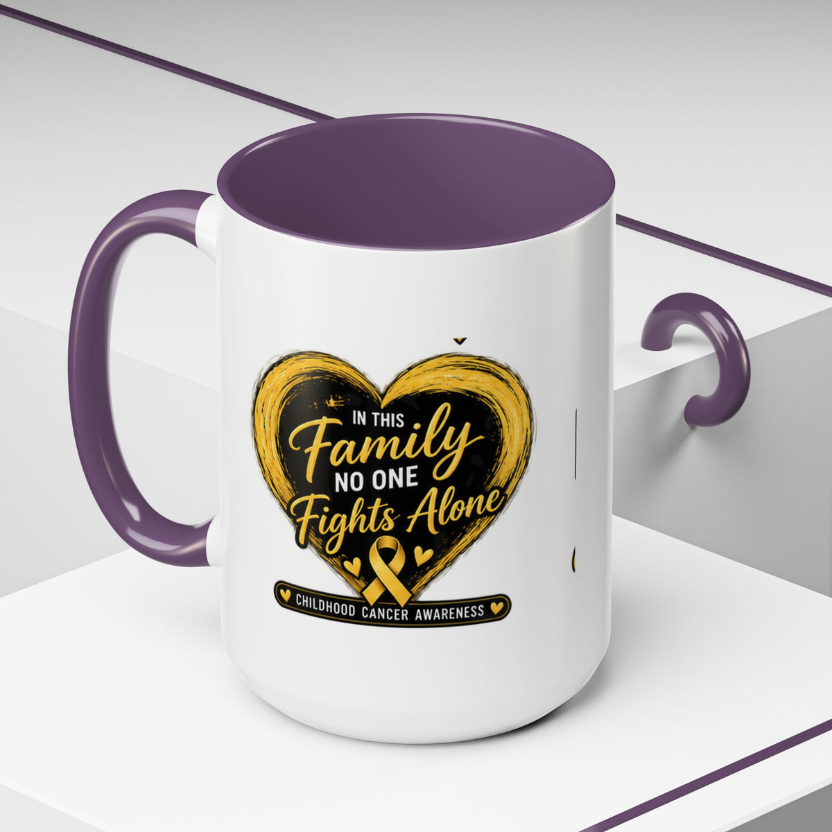 Childhood Cancer Awareness Accent Coffee Mug — "In This Family No One Fights Alone"
