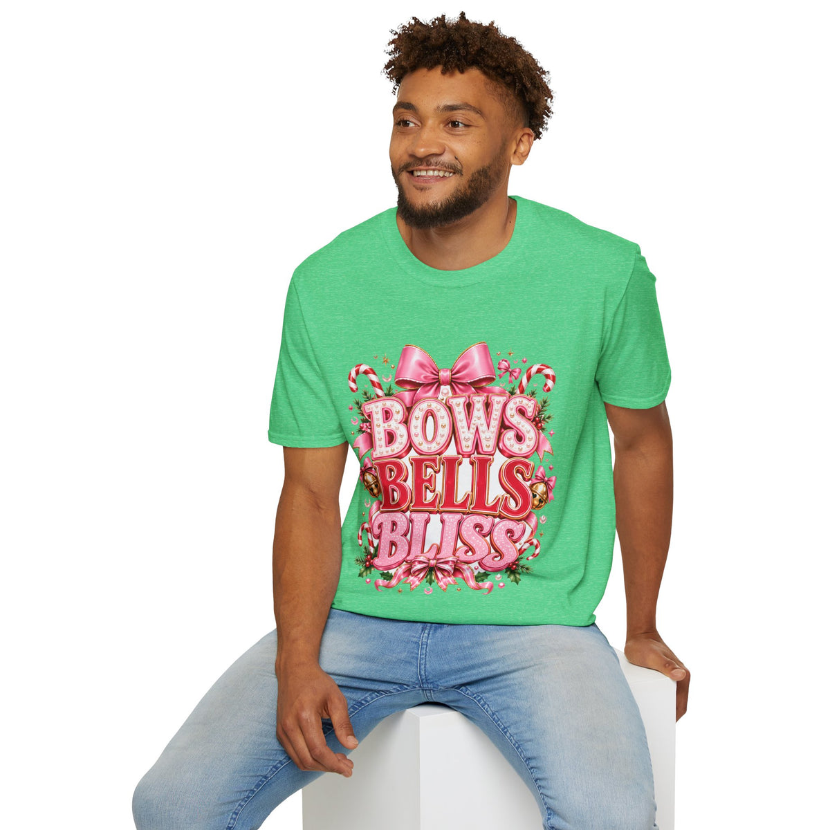 Bows Bells Bliss Christmas T‑Shirt — Pink Holiday Bow Graphic