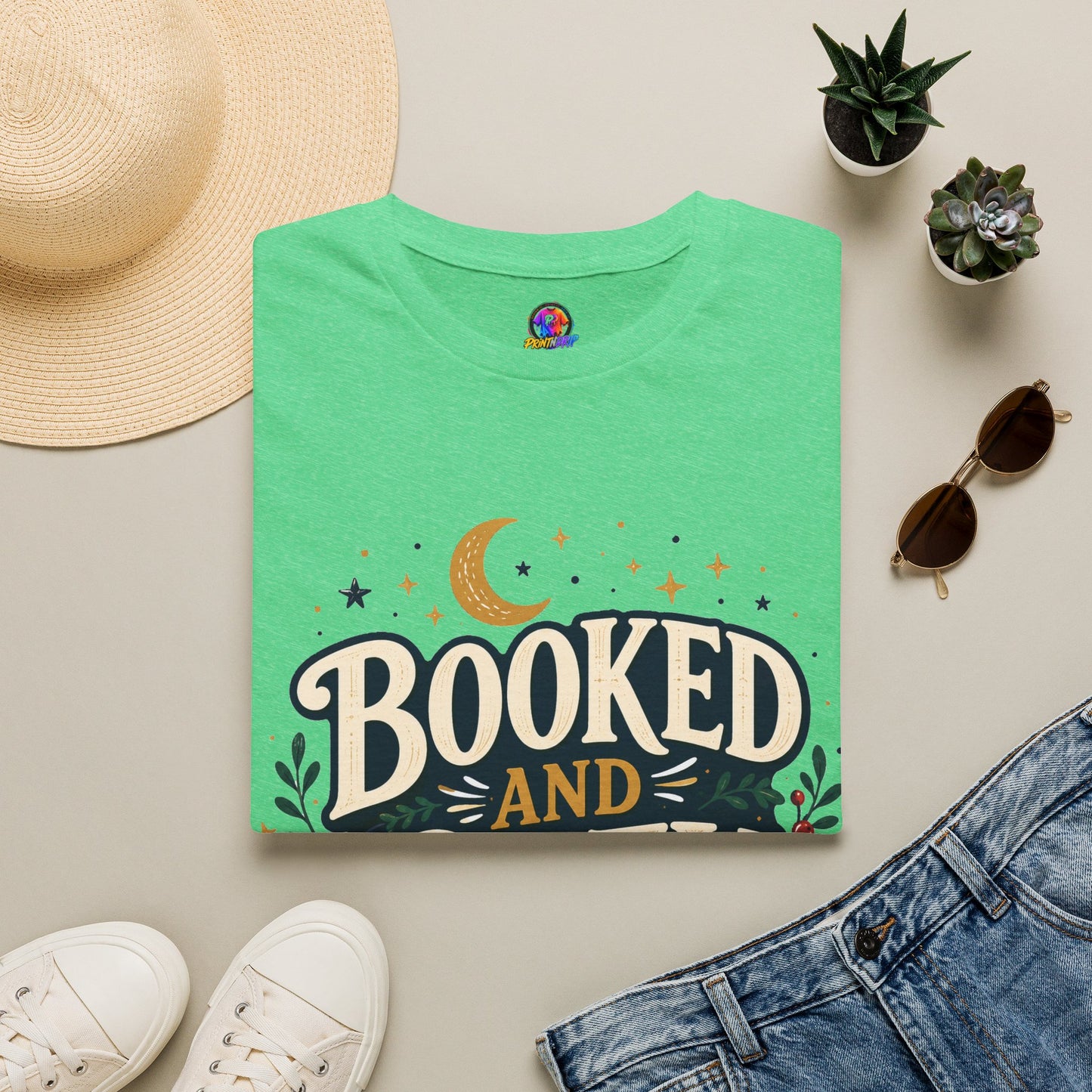 Booked and Cozy T-Shirt — Cozy Reading Graphic Tee (Books, Moon & Stars)