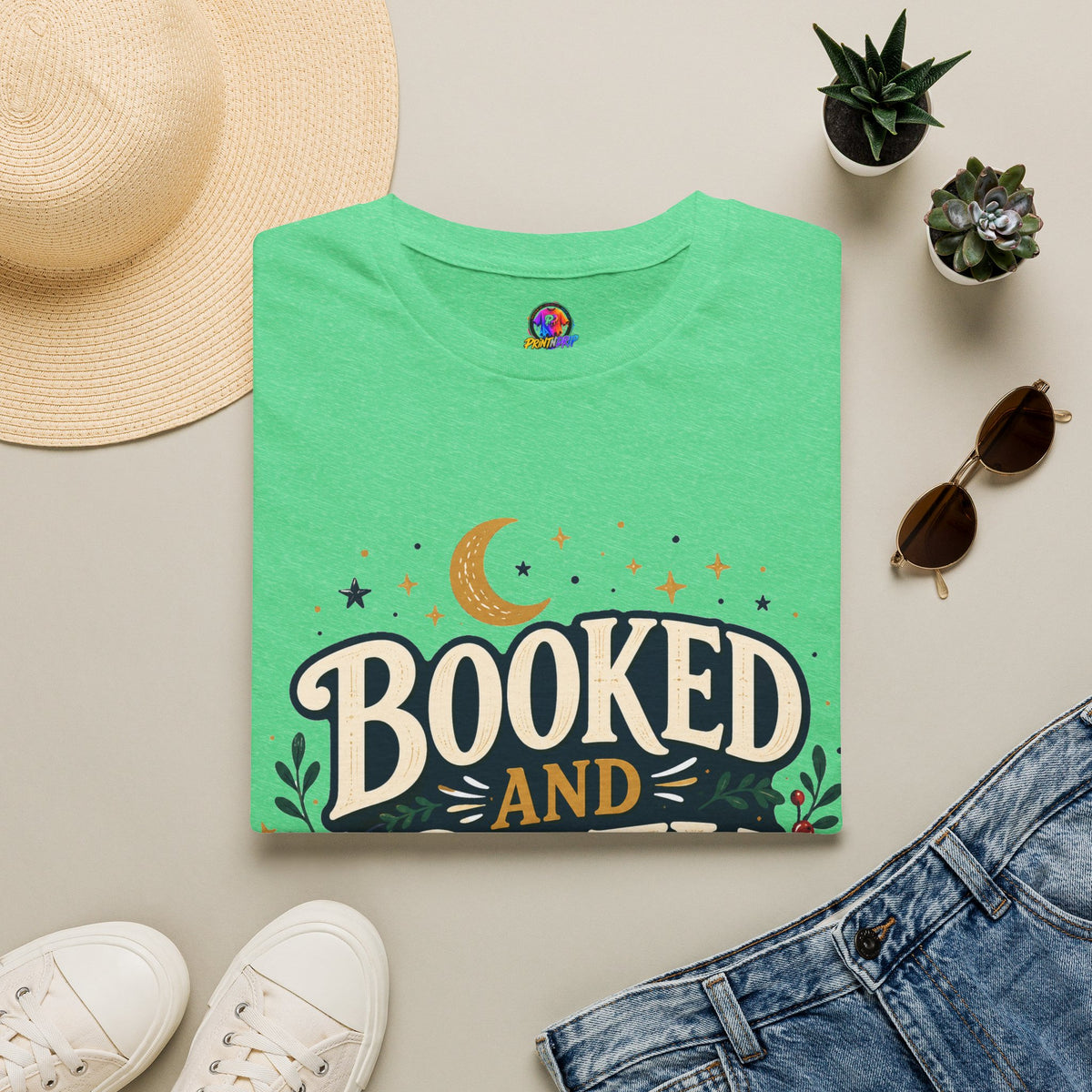 Booked and Cozy T-Shirt — Cozy Reading Graphic Tee (Books, Moon & Stars)