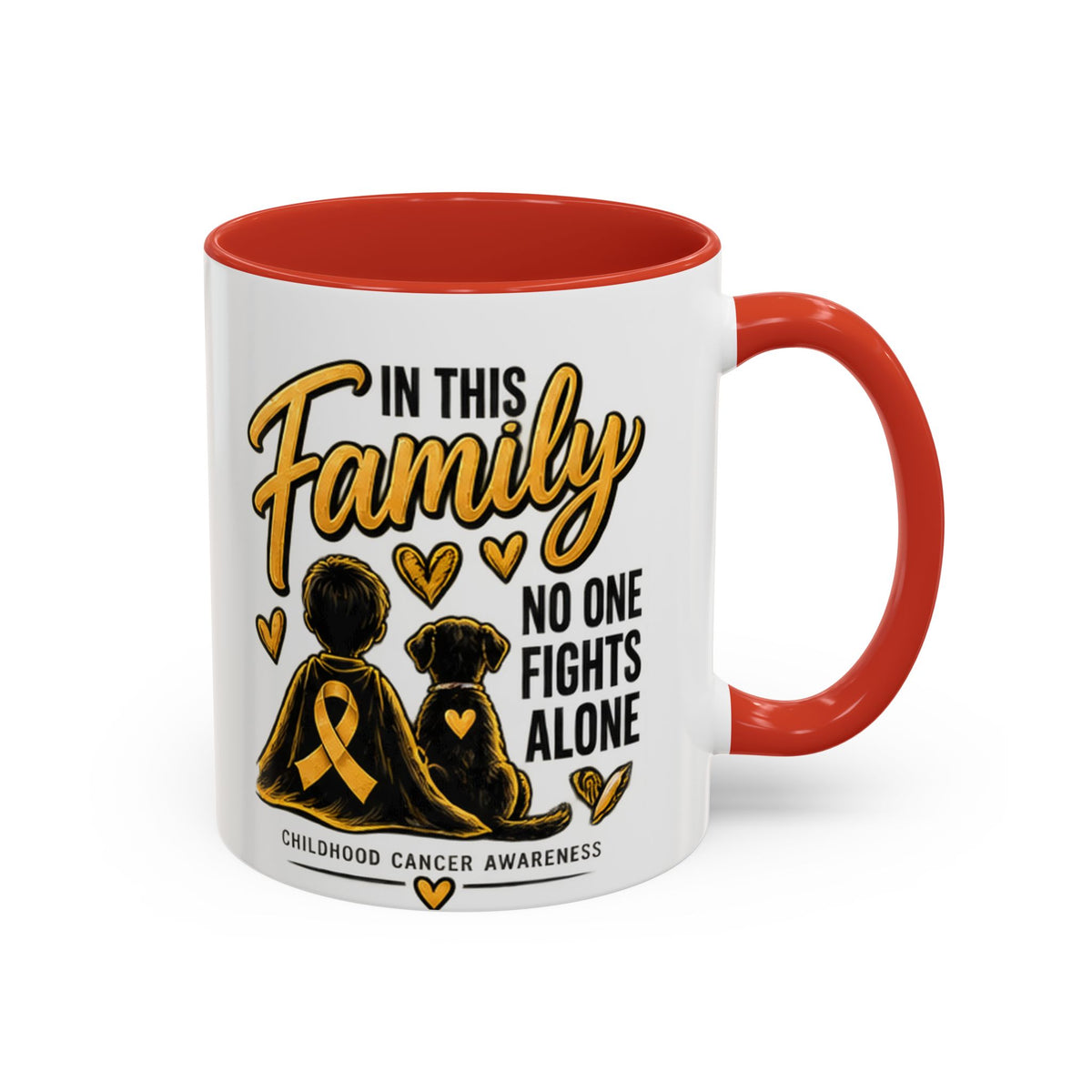 Childhood Cancer Awareness Accent Coffee Mug – "In This Family No One Fights Alone" (11/15oz)