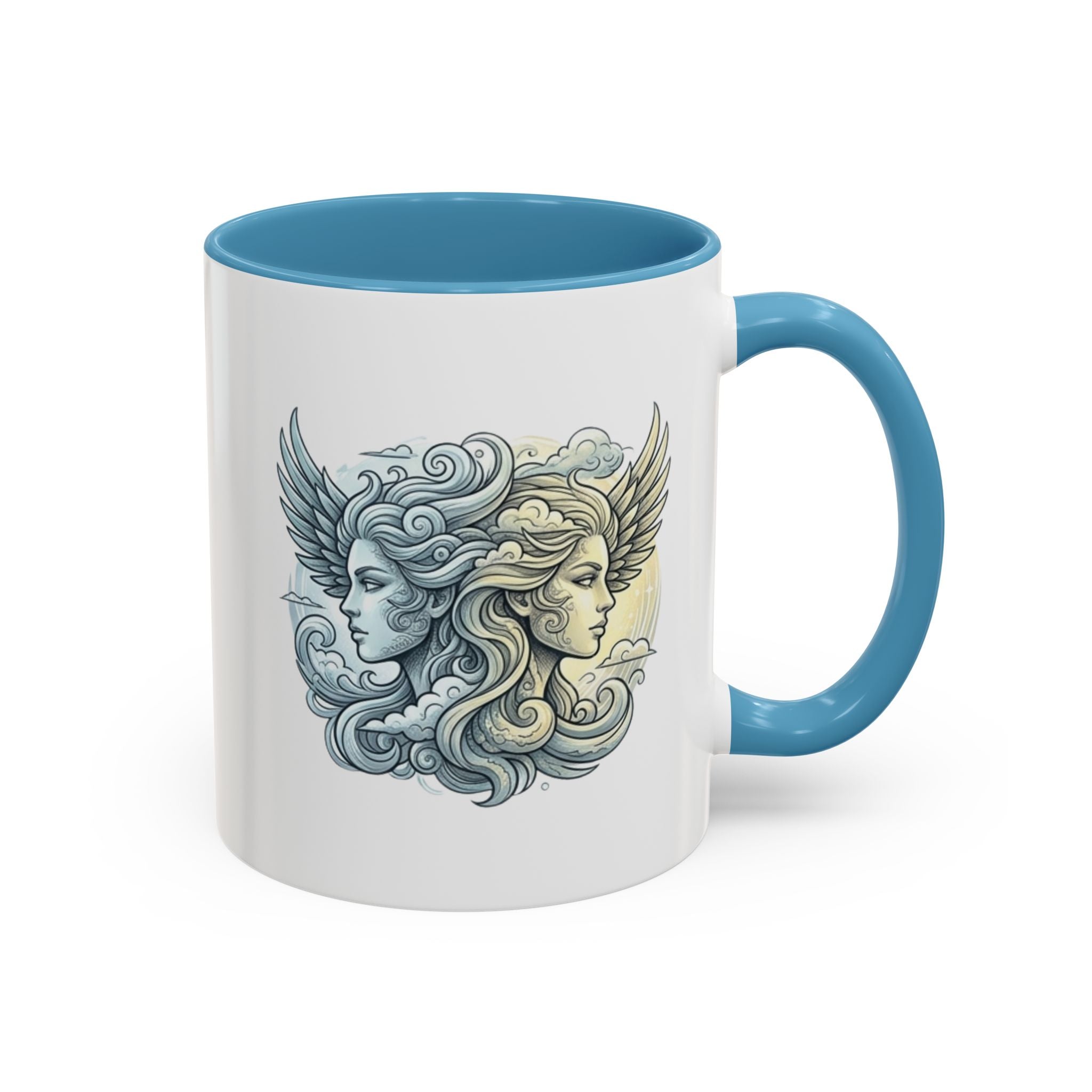 Gemini Twins Accent Coffee Mug — Sun & Moon Winged Faces Illustration