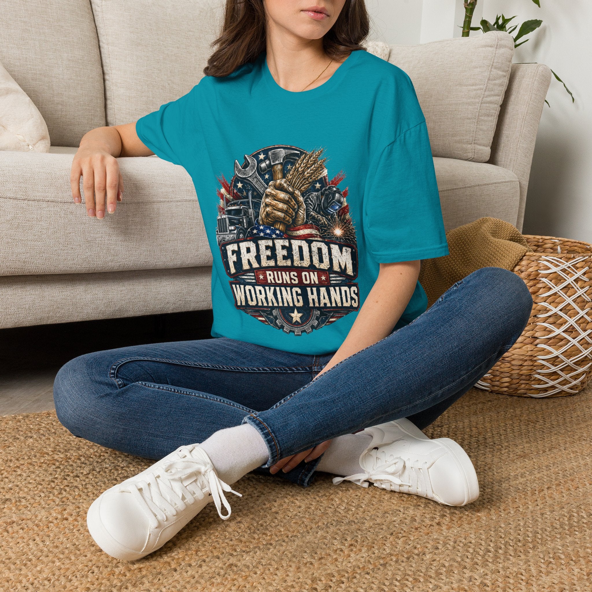 Freedom Runs on Working Hands T-Shirt — Patriotic Mechanic Tool & Wheat Design