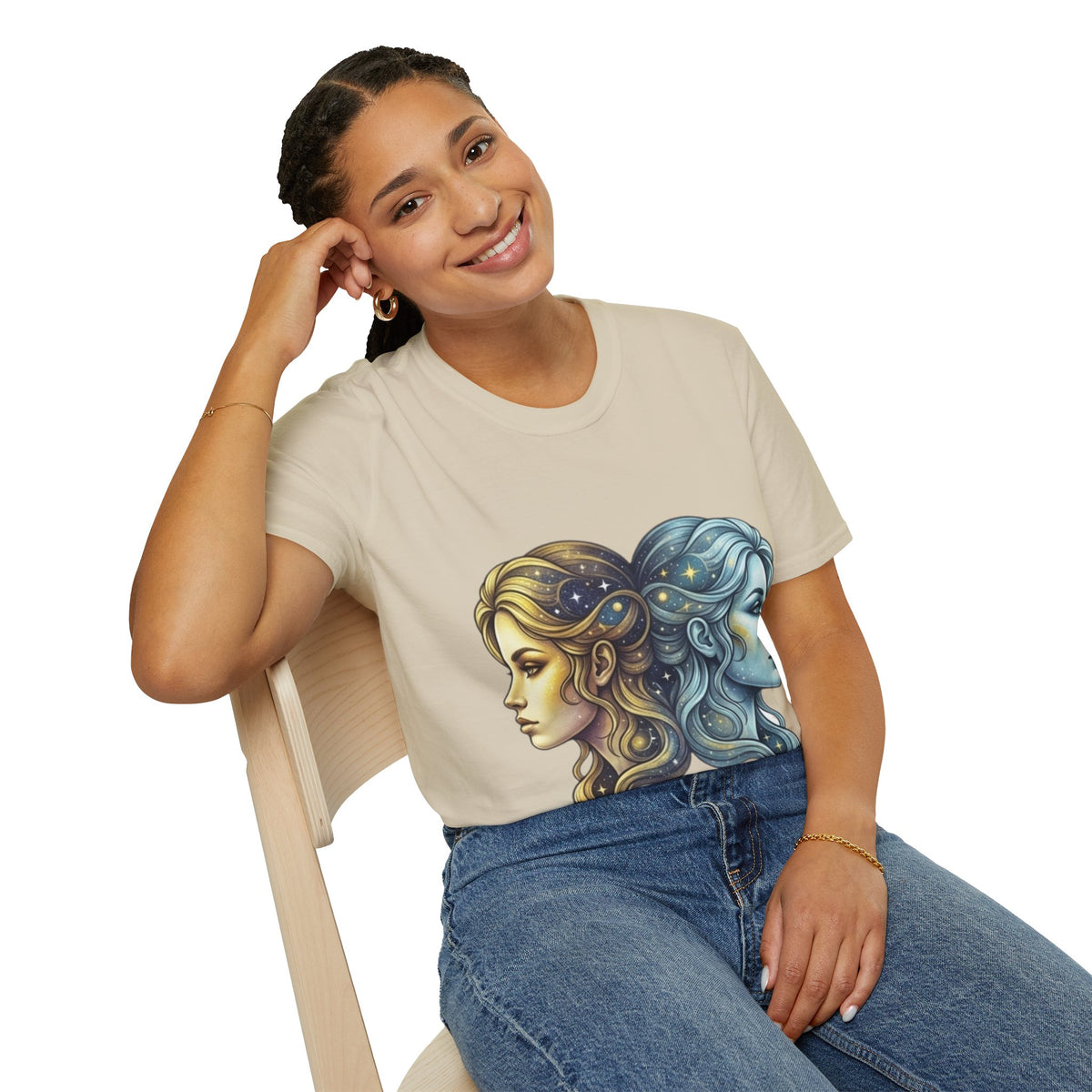 Zodiac Gemini Sun & Moon T-Shirt — Dual Faces Cosmic Design