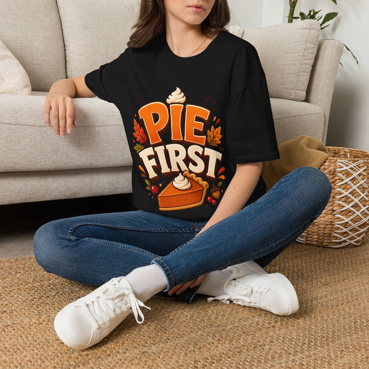 Thanksgiving T-Shirt Pie First T-Shirt — Funny Thanksgiving Pumpkin Pie Graphic Tee