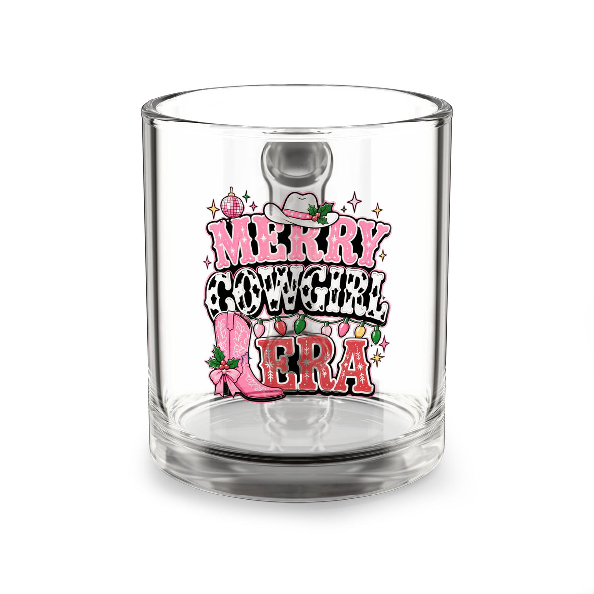 Modern Day Christmas Glass Mug  10oz Glass Mug — Merry Cowgirl Era Pink Cowgirl Christmas Design
