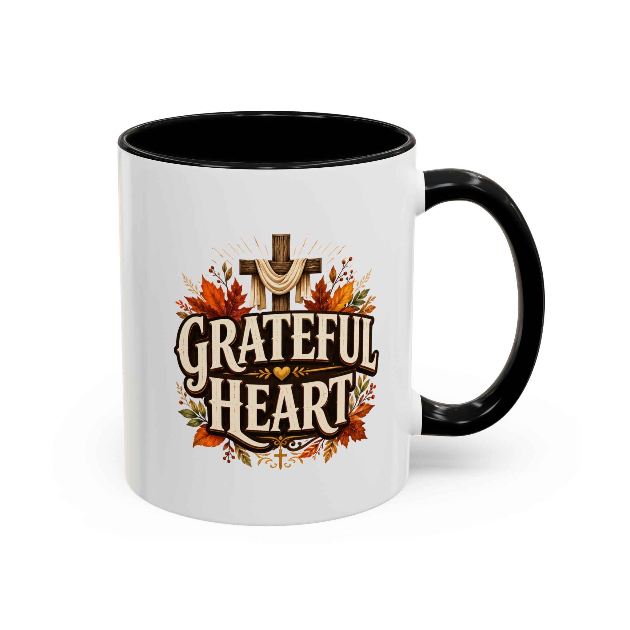 Thanksgiving Mug Grateful Heart Accent Coffee Mug – Autumn Leaves & Cross Spiritual Thanksgiving Gift