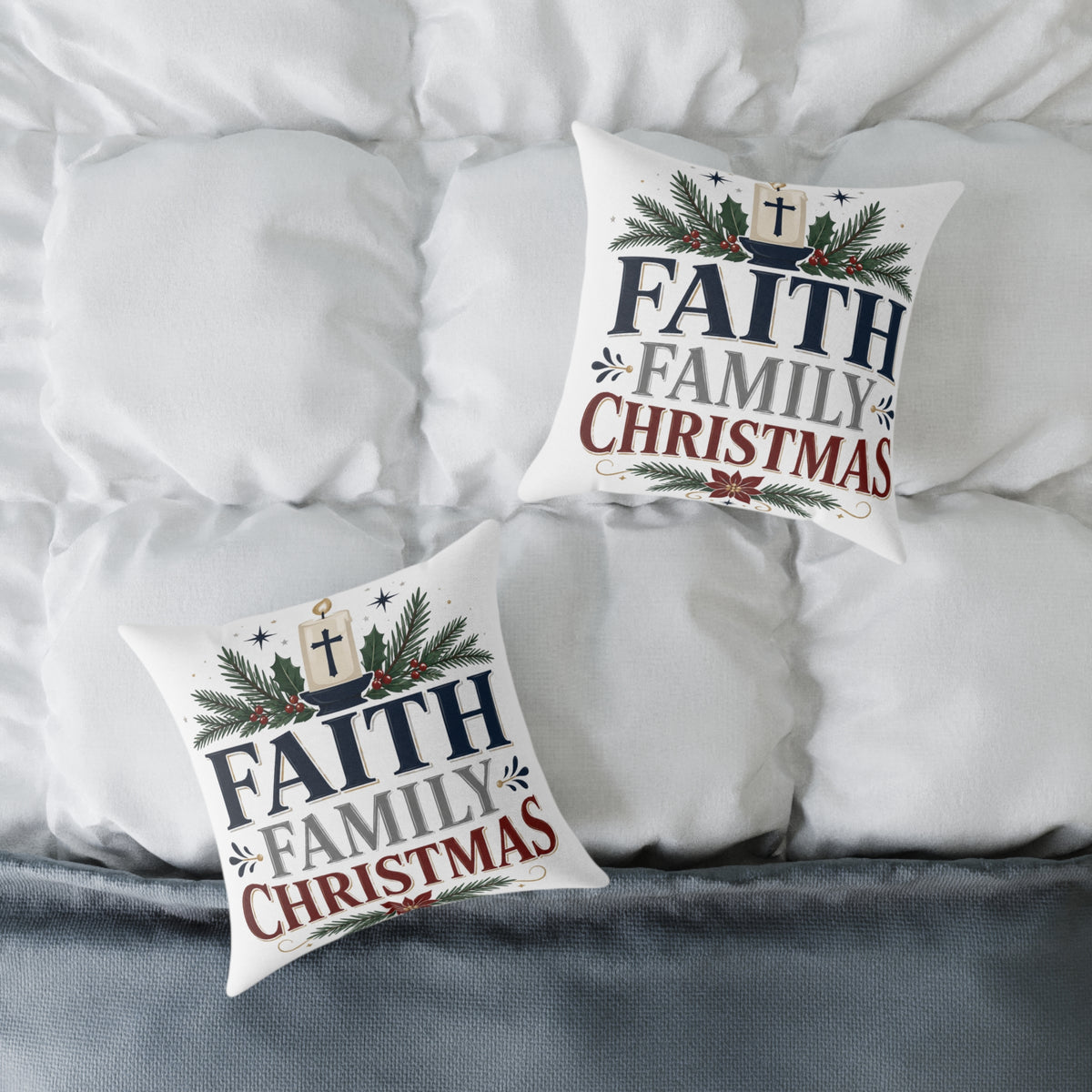 Christmas Pillow - 'Faith Family Christmas' Holiday Decorative Throw Pillow