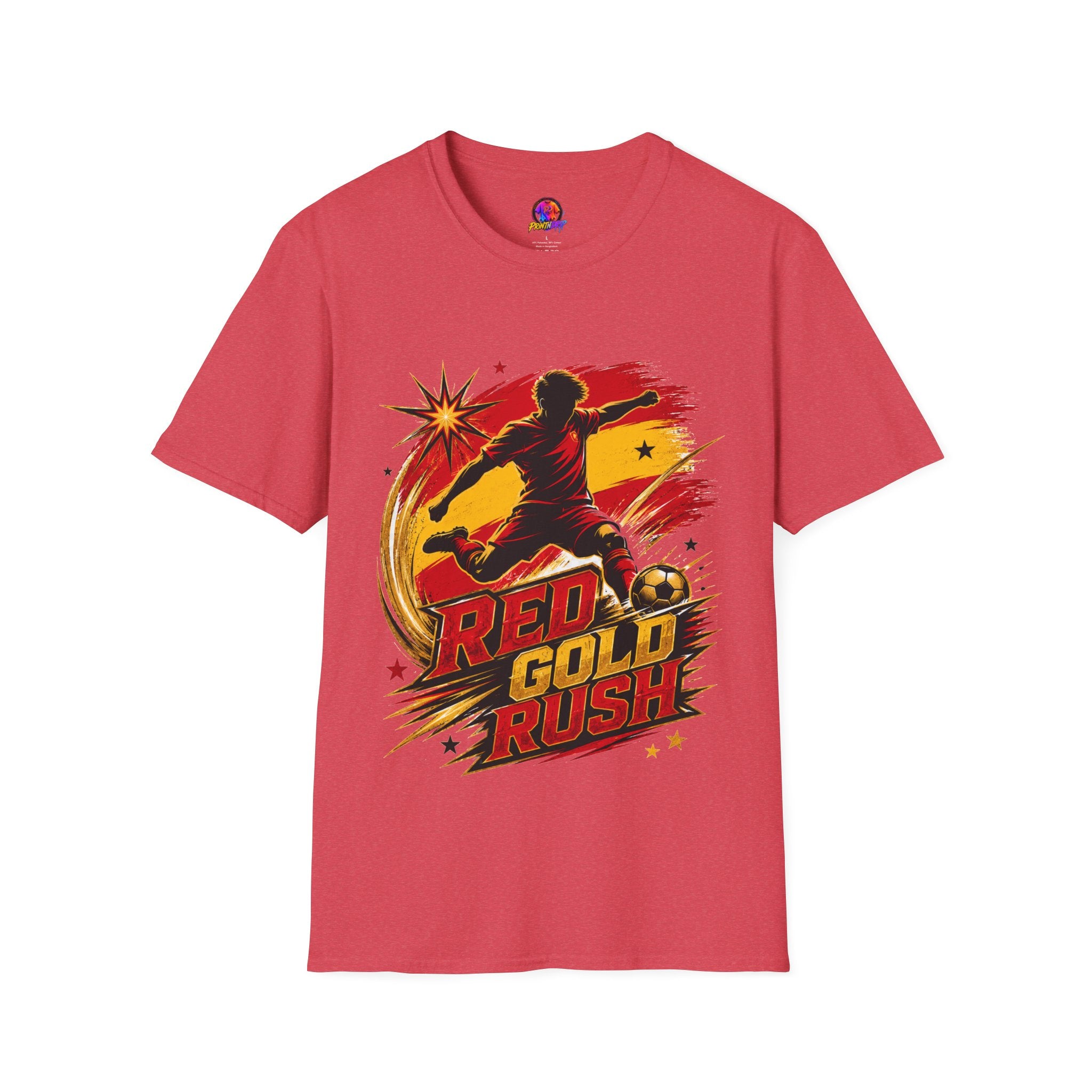 Spain Red & Gold Rush Soccer T-Shirt — Retro Soccer Player Graphic