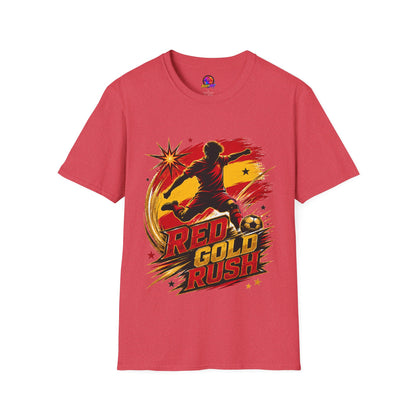 Spain Red & Gold Rush Soccer T-Shirt — Retro Soccer Player Graphic