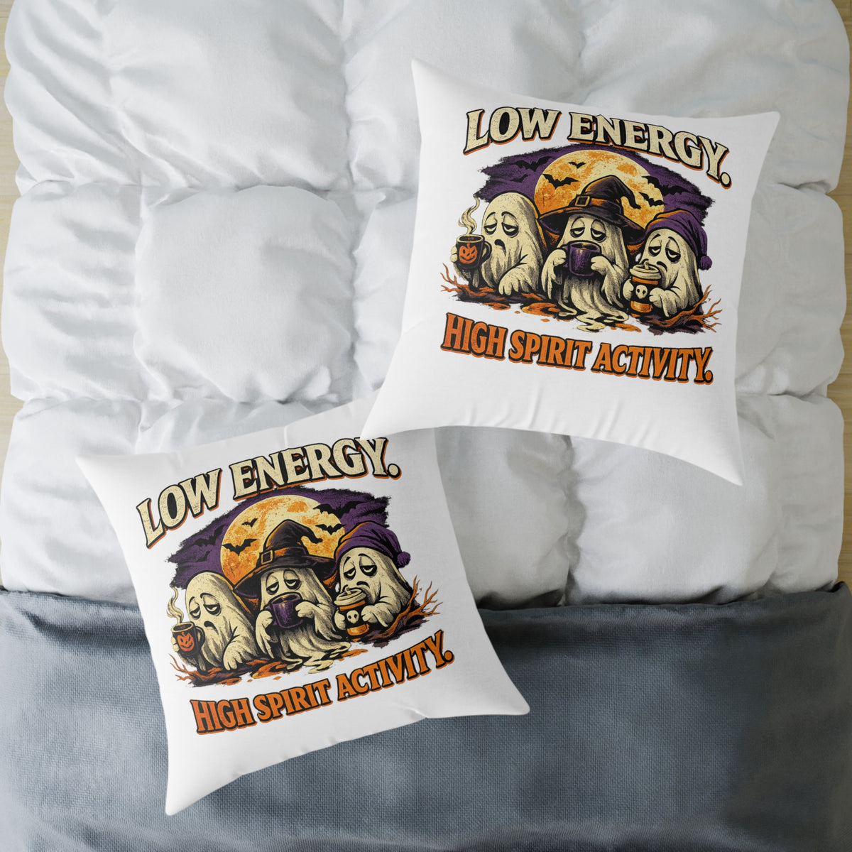 Halloween Pillow - "Low Energy, High Spirit Activity" Ghost & Witch Throw Pillow