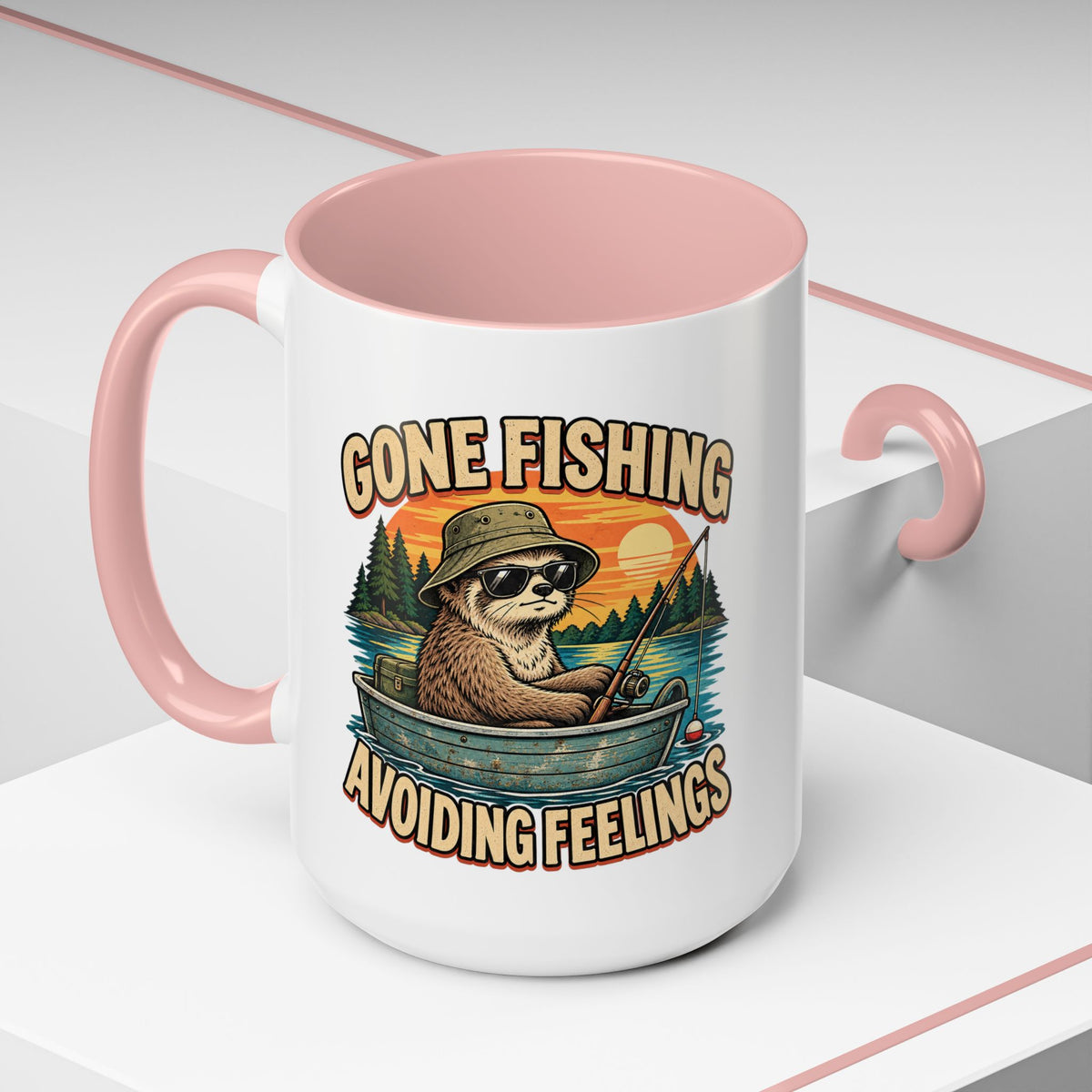 Funny And Witty "Gone Fishing Avoiding Feelings" Accent Coffee Mug (11, 15oz)