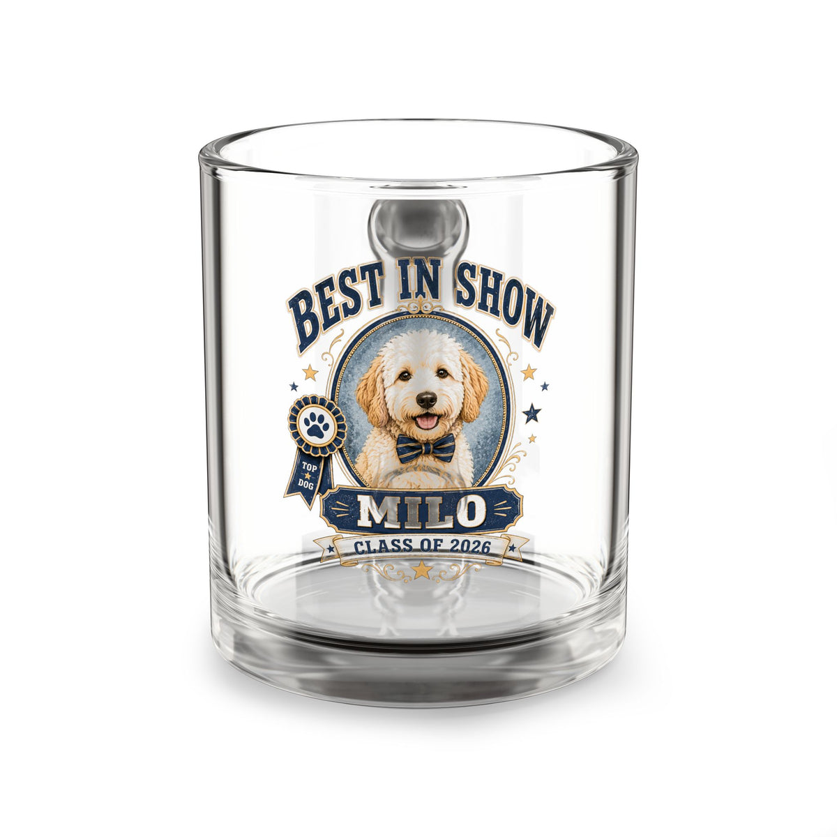 Best in Show Personalized Pet Glass Mug — Custom Name "Milo" Dog Graduation 10oz Milo Bailey Dog Dad Mom  Glass Mug 10 oz
