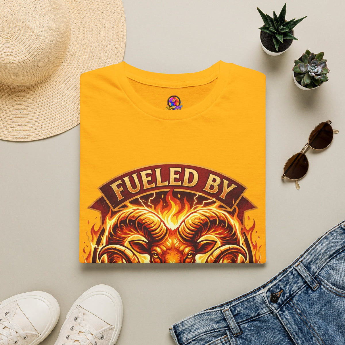 Aries Zodiac Fueled By Fire & Aries Energy T-Shirt — Zodiac Ram Graphic Tee