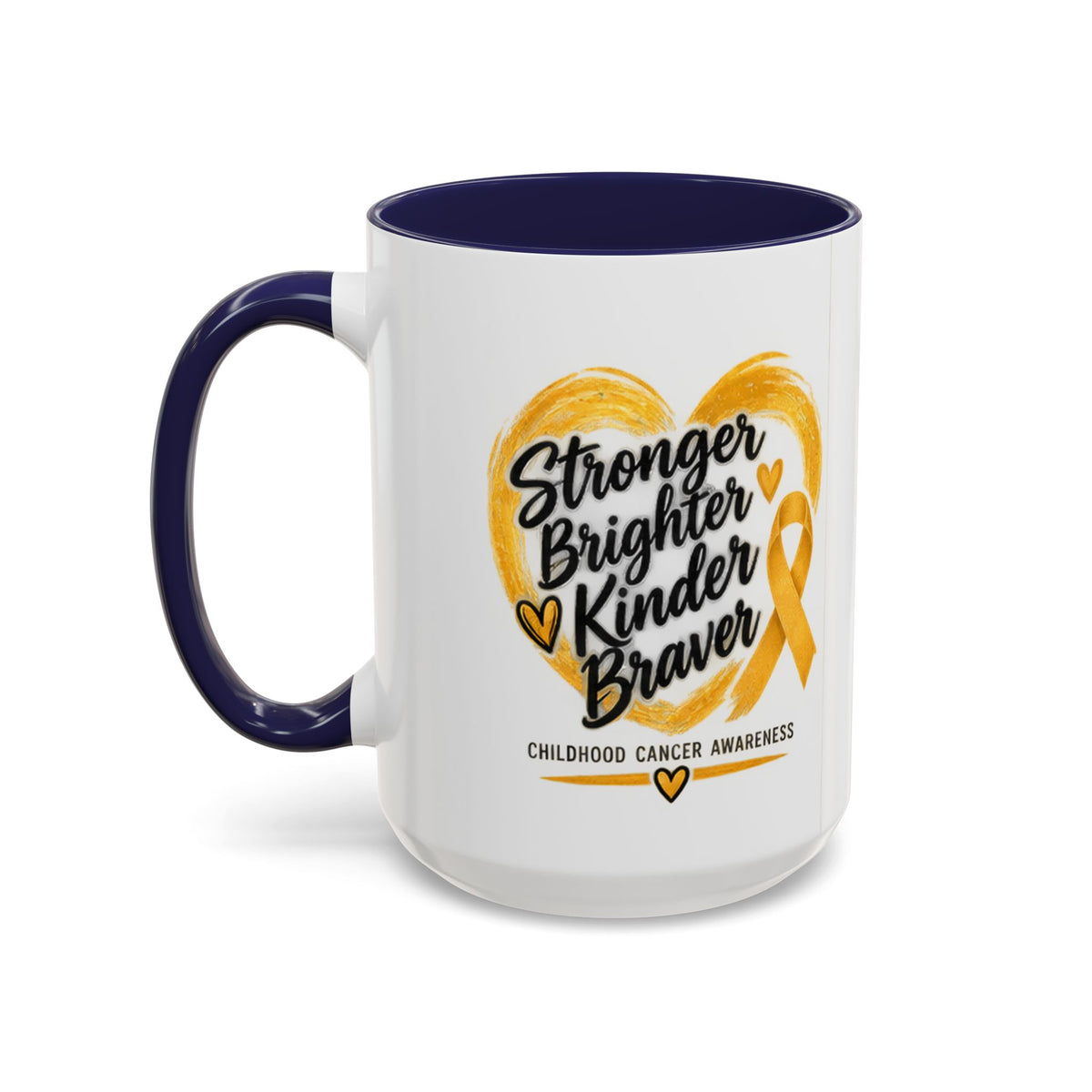 Childhood Cancer Awareness Accent Coffee Mug — "Stronger Brighter Kinder Braver"